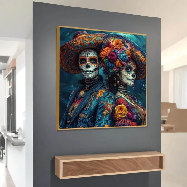 Canvas Wall Art-Day of The Dead Couple, Day of the Dead Canvas Print, Skeleton Couple Canvas Wall Art, Mexican Dia De Los Muertos, Day of the Dead Couple Poster Prints, Home Wall Decor (Gold Framed, 36"x36"|91x91cm) - Image 2