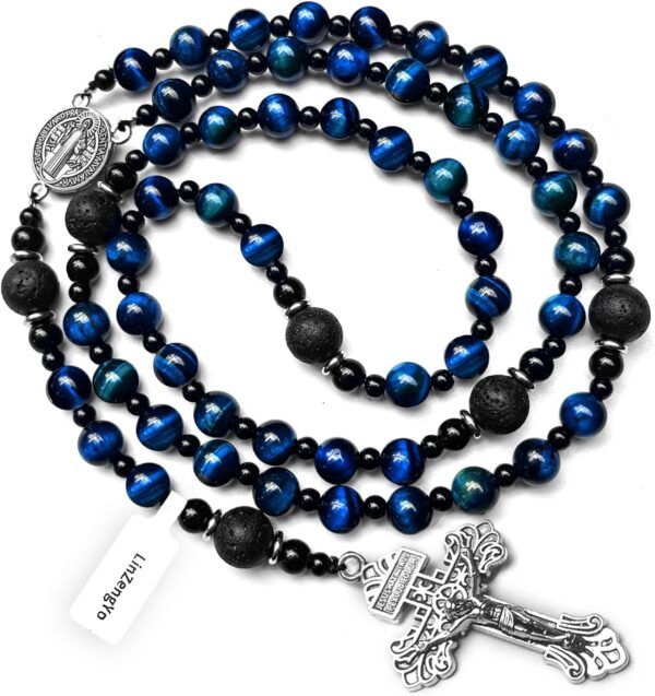 rosary beads catholic for men,Rosary Necklace for men with medal & cross,Handmade Blue Tiger Eye Beads Our Lady of Grace Rosary Cross Necklace Catholic Gifts - Image 2