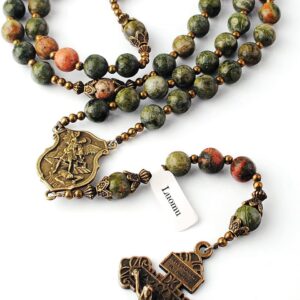 8mm Natural Stone Beads Large Rosary with Caps Miraculous Medal and Pardon Crucifix