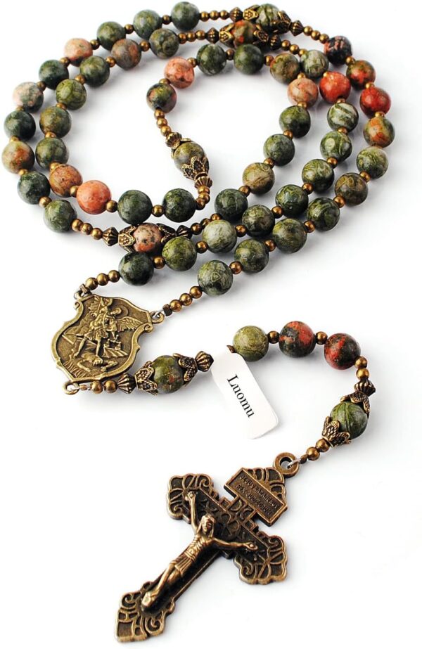 8mm Natural Stone Beads Large Rosary with Caps Miraculous Medal and Pardon Crucifix