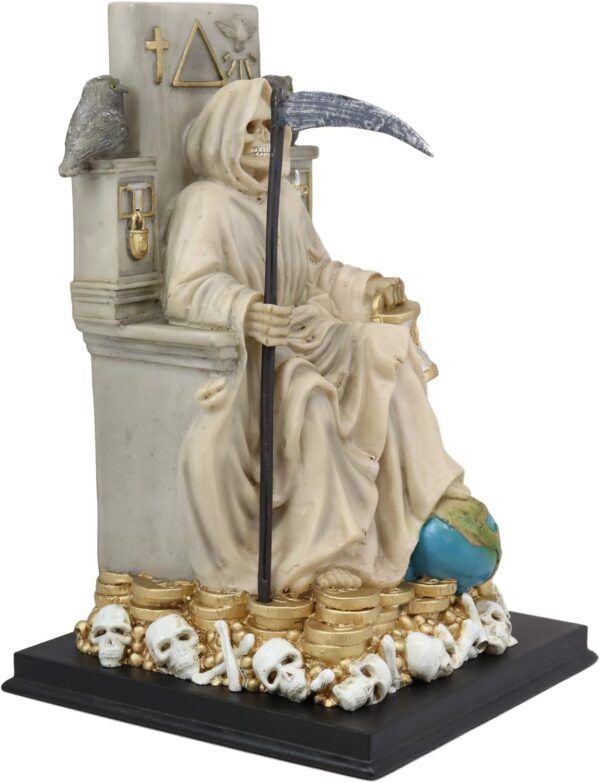 Ebros White Robe Santa Muerte Holy Sacred Death Bone Mother Seated On Throne with Scythe Statue Patron of Protection Healing Purity Figurine Day of The Dead Decorative Sculpture - Image 4