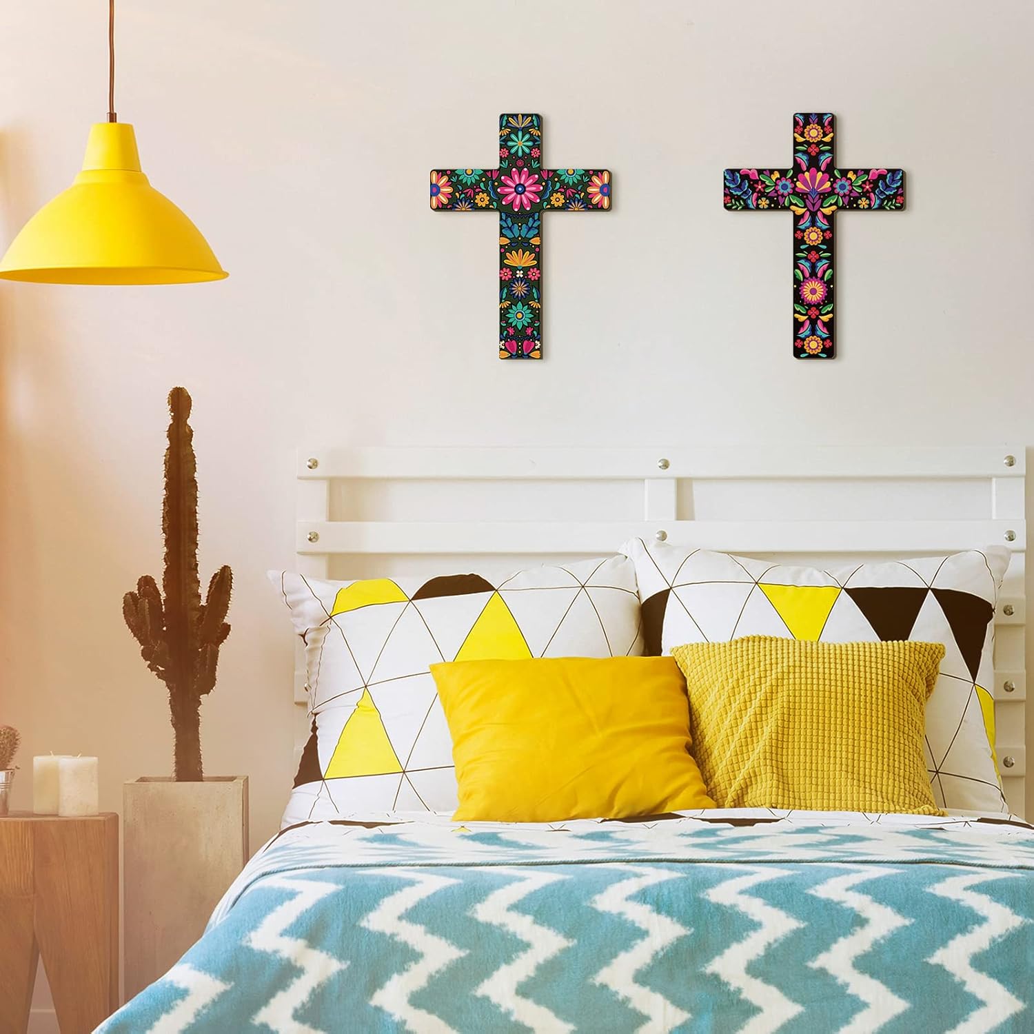 Pinkunn 2 Pcs Floral Cross Wall Decor Mexican Cross Decor Hand Painted Wood Wall Art Mexican Wall Art Spanish Style Crucifix Wall Cross for Home Room Church Decoration (8.7 x 11.8 inches) - Image 7