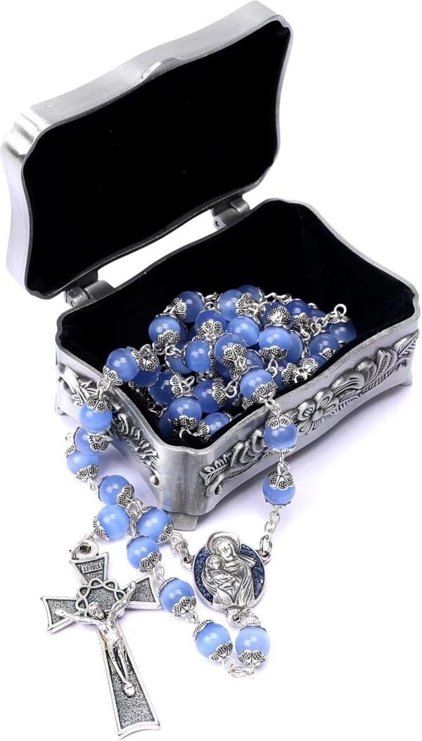 Rosary Beads Catholic for Woman - Italy 8-9mm AAA+ Natural Blue Cat Eyes Gemstone Rosary Beads. - Image 2