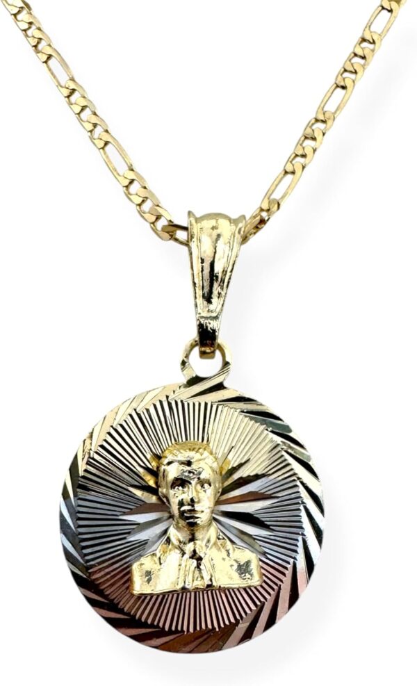 Jesus Malverde Tri-Color Gold Plated Round Pendant Medal Charm Necklace Religious Gift Sinaloa