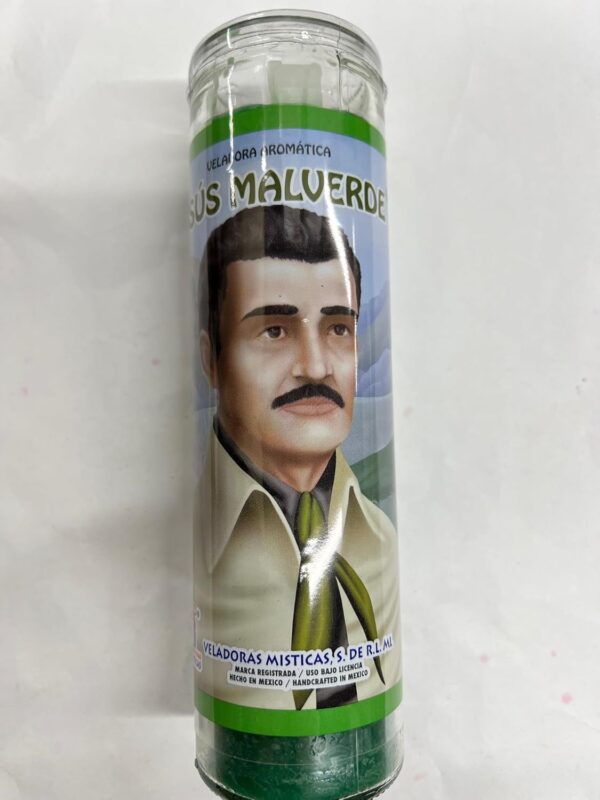 Brilux Jesus Malverde Prepared Scented Green Pillar Candle in Glass