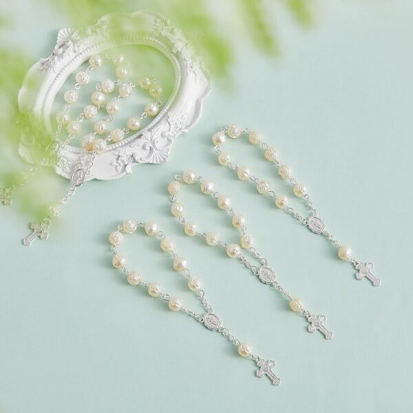 30 Pieces Mini Rosaries Baptism Rosary Beads Acrylic Ivory Color Finger Baptism Rosaries Faux Pearls with Organza Bags for Christening Weddings Party Favors - Image 4