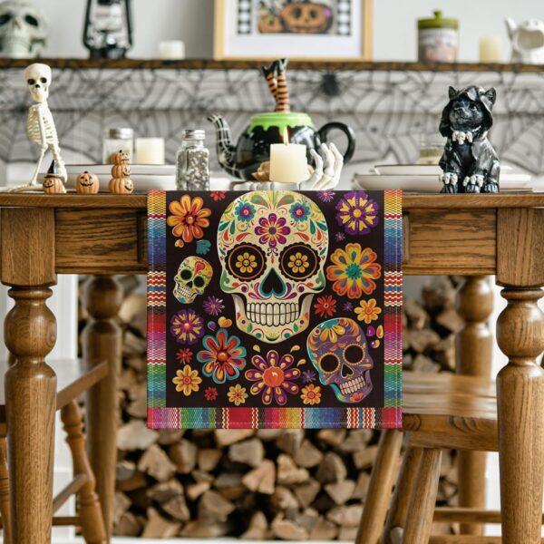 Artoid Mode Flowers Sugar Skull Mexican Day of The Dead Table Runner, Dia De Los Muertos Kitchen Dining Table Decoration for Home Party Decor 13x72 Inch - Image 2