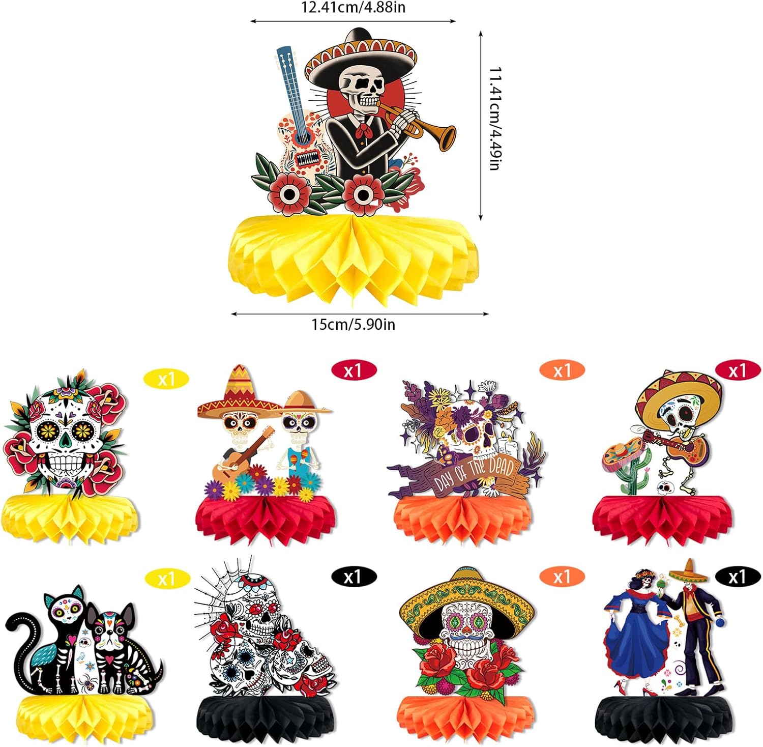 Day of The Dead Decorations - 9 Pieces Dia De Los Muertos Honeycomb Table Toppers Cutouts Sugar Skull Flowers Centerpieces Day of The Dead Decor Mexican Party Supplies - Image 5