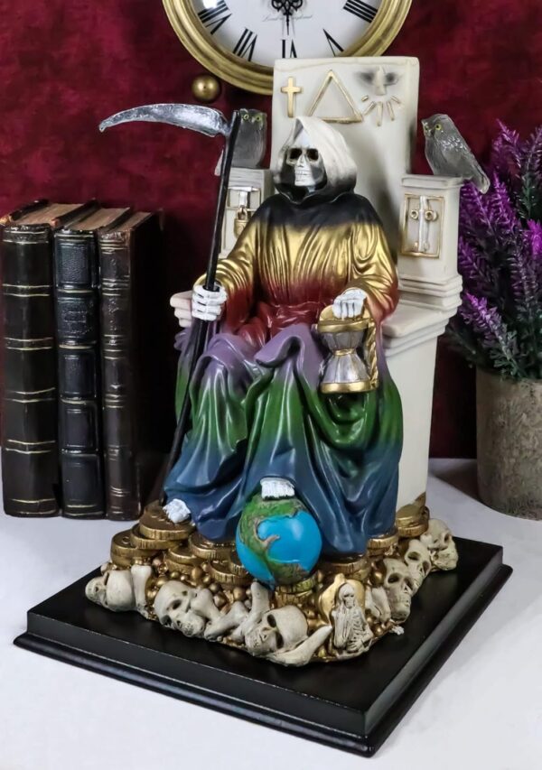 Ebros Gift 7 Colors Rainbow Robe Santa Muerte Holy Sacred Death Bone Mother Seated On Throne with Scythe Statue Patron of Protection & Blessings Seven Powers Figurine Day of The Dead Decor - Image 9
