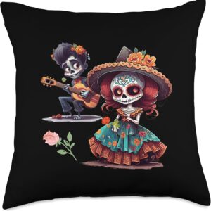 Colorful Mexican Dia de Los Muertos Art Throw Pillow, 18x18, Multicolor