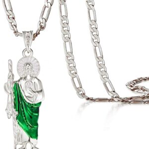 San Judas Tadeo Necklace, 14k Gold Plated, Diamond, Figaro Chain, Unisex, Thanksgiving