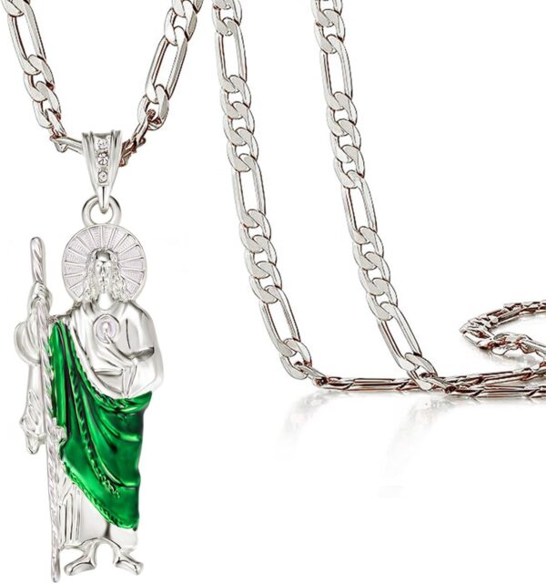 San Judas Tadeo Necklace, 14k Gold Plated, Diamond, Figaro Chain, Unisex, Thanksgiving