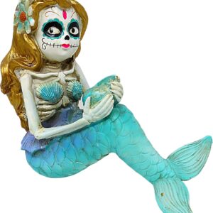 Needzo Dia De Los Muertos Figurine, Sugar Skull Sitting Mermaid, Catrinas Mexicanas Halloween Decoration, 7.75 Inches
