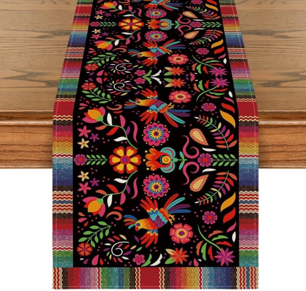 Artoid Mode Bird Dia De Los Muertos Serape Mexican Fiesta Table Runner, Cinco De Mayo Day of The Dead Kitchen Dining Table Decoration for Home Party Decor 13x72 Inch