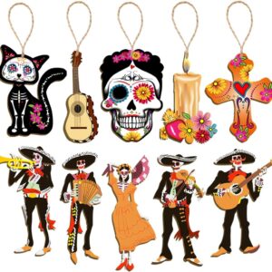 CMUSKO Dia De Los Muertos Decorations-30Pcs Day of the Dead Wood Ornaments Sugar Skull Hanging Wooden Sign,Halloween Tree Ornaments Mexican Fiesta Day of the Dead Decor