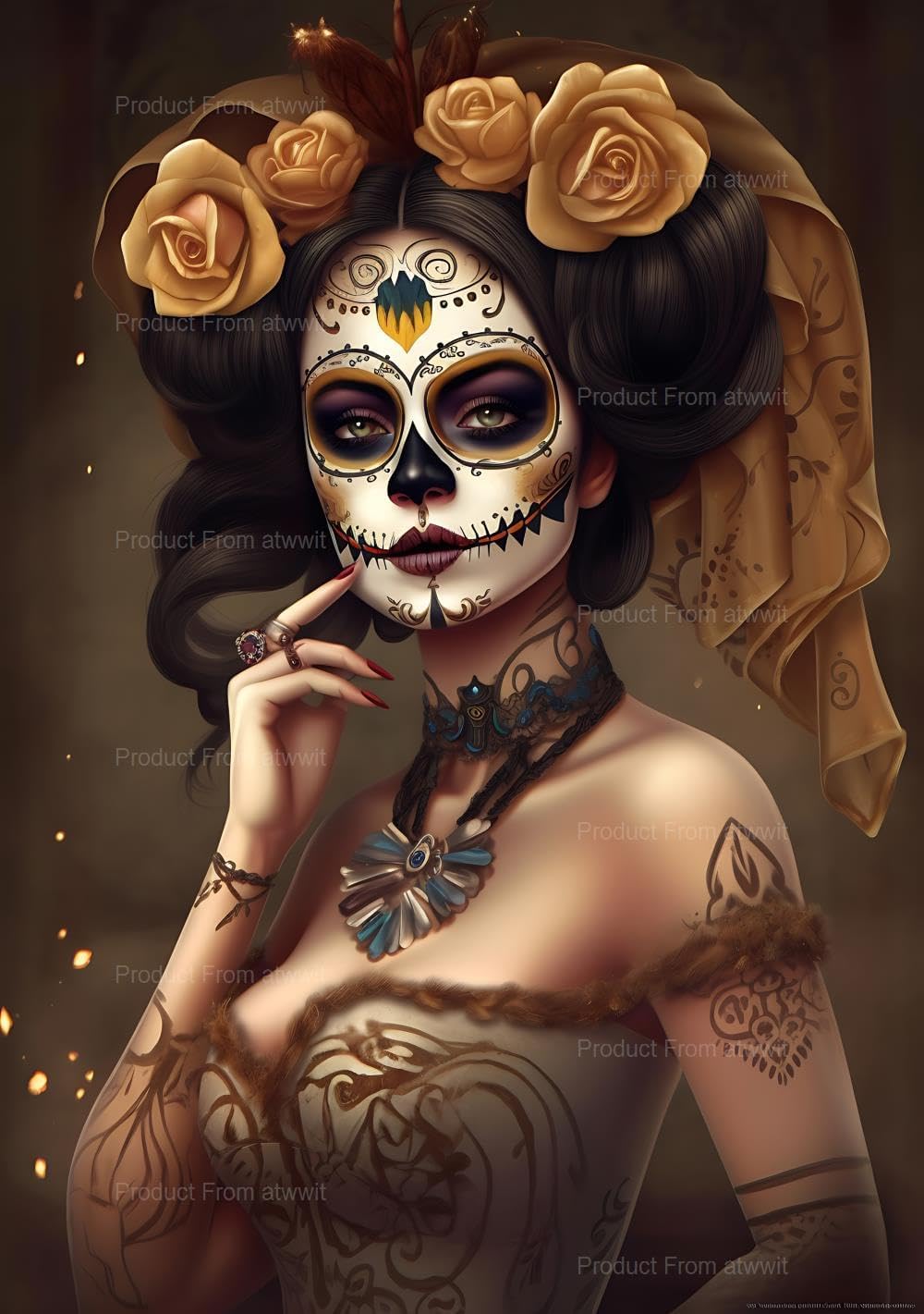 Golden Sugar Skull Diamond Painting, Sugar Skull Diamond Painting Kits, 5D DIY Diamond Painting Kits for Adults Kids Diamond Art, for Room Home Wall Decor Gift 12x16 inch