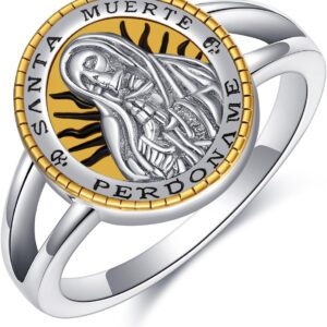 YAFEINI Santa Muerte Rings 925 Sterling Silver Santa Muerte Rosary Jewelry Gothic Rings