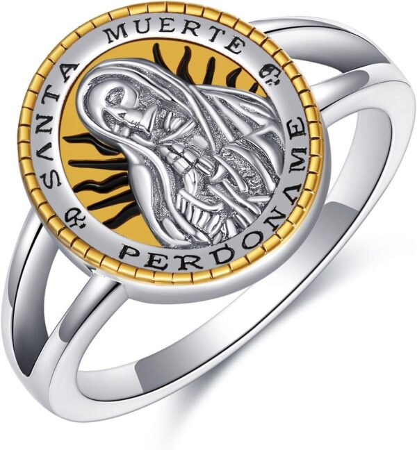 YAFEINI Santa Muerte Rings 925 Sterling Silver Santa Muerte Rosary Jewelry Gothic Rings