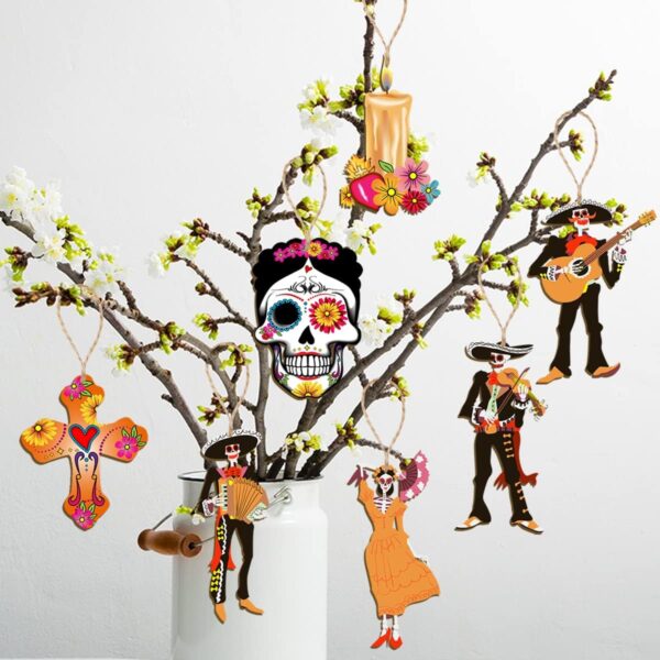 CMUSKO Dia De Los Muertos Decorations-30Pcs Day of the Dead Wood Ornaments Sugar Skull Hanging Wooden Sign,Halloween Tree Ornaments Mexican Fiesta Day of the Dead Decor - Image 3