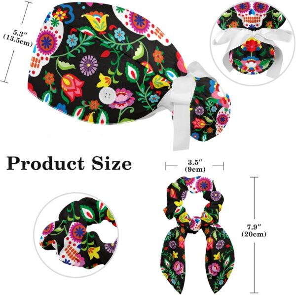 Adjustable Winter Blue Snowflake Surgical Scrub Cap with Button, Ponytail Pouch, Sweatband for Women with Bow Hair Scrunchy - Image 2