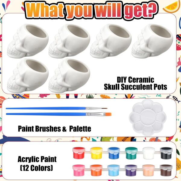 Beeveer 6 Sets Mexican Sugar Skull Crafts for Adults Skulls to Paint Skeleton Planter Paintable Ceramics Classroom Paintable Plant Pots to Paint for DIY Project Activity Decor - Image 3
