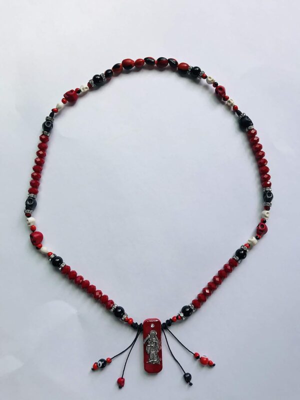 Santuario Jewelry Santa Muerte Necklace Skull and Red/Black Beads Handmade Rosary Pendant - Image 3