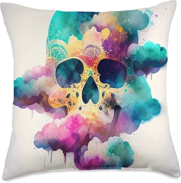 Watercolor Skull in Rainbow Clouds Dia De Los Muertos Art Throw Pillow, 18x18, Multicolor