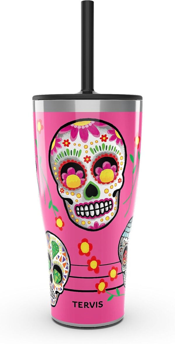 Tervis Traveler Colorful Sugar Skulls Triple Walled Insulated Tumbler Travel Cup Keeps Drinks Cold & Hot, 30oz with Straw Lid, Stainless Steel