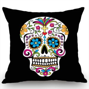 Swono Sugar Skull Rustic Farmhouse Style Decorative Throw Pillow Cover Cushion Case for Sofa Couch Housewarming Present Home Decor Cotton Linen 18" x 18" Inch