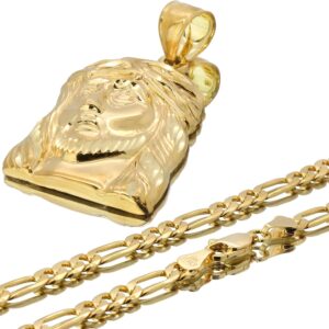L & L Nation Jesus Flat Face 14k Gold Plated Brass Pendant Hip Hop Style 4mm 18" Figaro Choker Chain Necklace Set