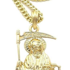 MENS SANTA MUERTE OUR LADY OF HOLY DEATH PENDANT BOX,ROPE CUBAN CHAIN NECKLACE (Cuban Chain Gold)