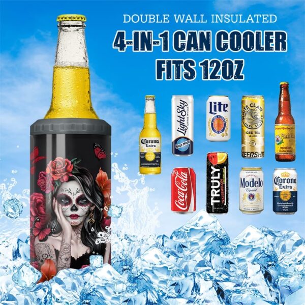 Sugar Skull Tumbler, Sugar Skull 4-in-1 Tumblers Stainless Steel Insulated Slim Can Cooler, Fits All 12oz Can Beer Bottle, Gifts for Women Christmas Birthday - Image 6