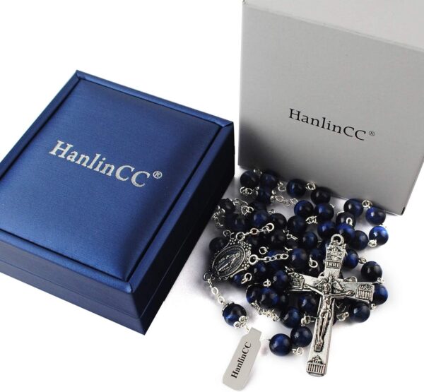 HanlinCC 8mm Natural Blue Tiger Eyes Gemstone Beads Miraculous 5 Dacade Rosary Necklace with Anti-Silver Catholic Crucifix Pack in Leather Gift Box - Image 7