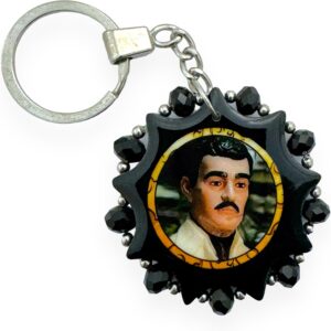 Jesus Malverde Black Wooden Round Keychain with Black Crystal Beads Gift Keepsake Collectible Accessory Llavero
