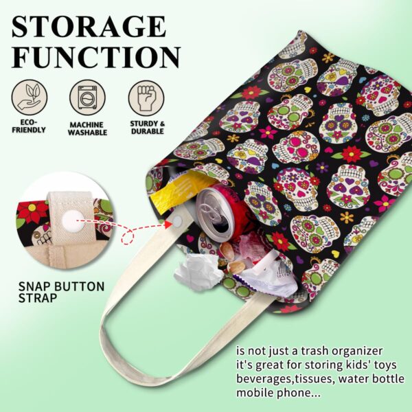 Car Trash Can, Cute Car Trash Bag, Hanging Car Organizer and Storage Bag, Trash Bin for Car Accessories, Vehicle, Travelling, Camping Sugar Skull Floral - Image 3