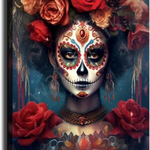 Day of The Dead (Dia De Los Muertos) Themed Skull with Flowers Poster Canvas Wall Art Mural Picture Print Modern Family Bedroom Decor (Unframed,08×12inch)