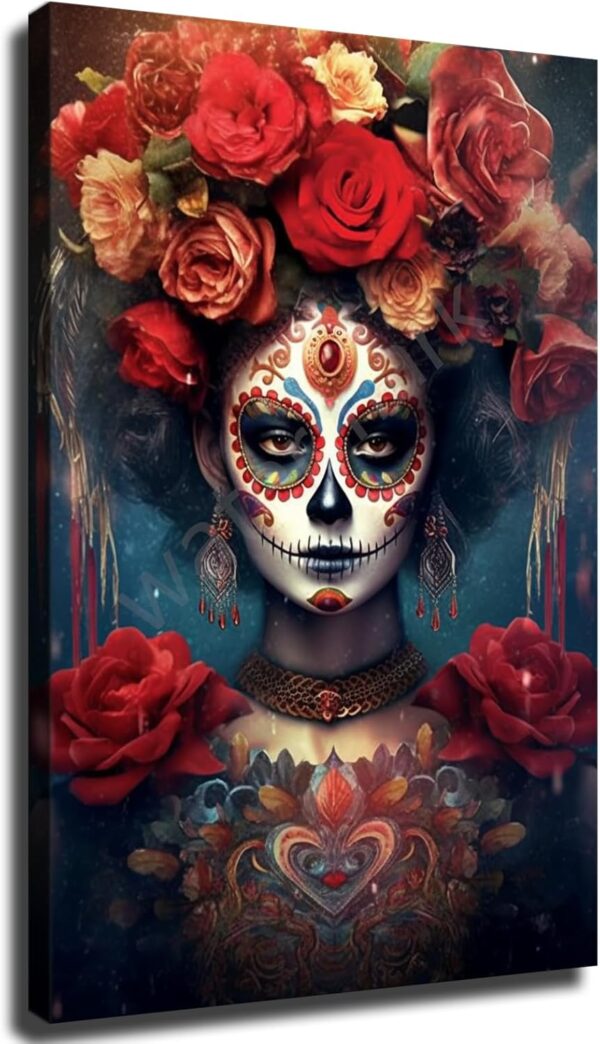 Day of The Dead (Dia De Los Muertos) Themed Skull with Flowers Poster Canvas Wall Art Mural Picture Print Modern Family Bedroom Decor (Unframed,08×12inch)