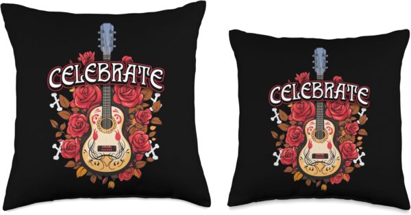 Day of The Dead Guitar with Roses Celebrate Quote Print Throw Pillow, 16x16, Multicolor - Image 3