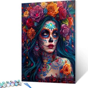 Aihonmin Plant Paint by Numbers Kits for Adult Day of The Dead Halloween Woman Painting Kits Sugar Skull Paint by Numbers Kits on Canvas Perfect for Gift Home Wall Decor Without Framed 16''W x 20''H
