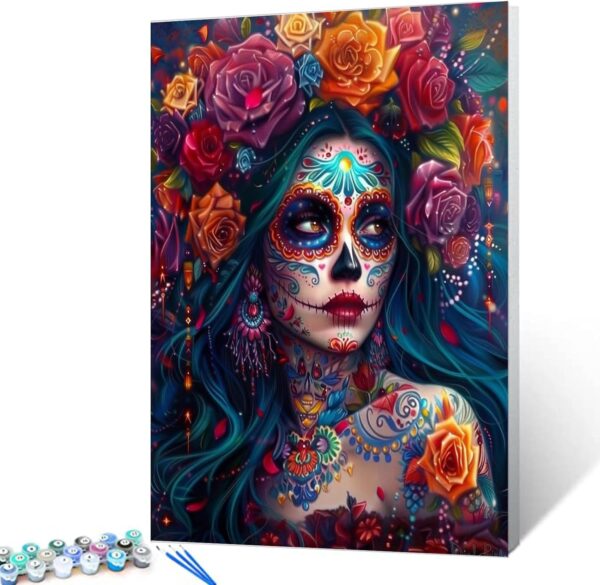 Aihonmin Plant Paint by Numbers Kits for Adult Day of The Dead Halloween Woman Painting Kits Sugar Skull Paint by Numbers Kits on Canvas Perfect for Gift Home Wall Decor Without Framed 16''W x 20''H