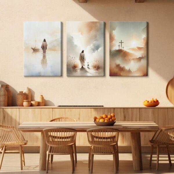 3 Pcs Framed Jesus Wall Art Jesus Walking on Water Canvas Wall Decor Jesus Leaves The 99 Sheep Pictures Prints Christian Posters for Living Room Bedroom Church Home Decorations Ready to Hang 12x16in - Image 5
