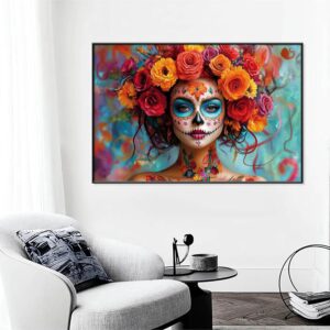 Day of The Dead Canvas Print, Dia De Los Muertos Canvas Wall Art, Woman in Calavera Makeup Art, Sugar Skull Witch Print, Dia De Los Muertos Picture Wall Decor, Mexican Dia De Los Muertos (Black Framed, 36"x24"|92x62cm)