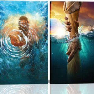 2 Pcs Framed Jesus wall art The Hand of God Jesus Reaching Into Water Christ Religion Canvas Wall Decor Blue Ocean Bible Pictures Posters Prints Paintings for Living Room Bedroom Church Decorations
