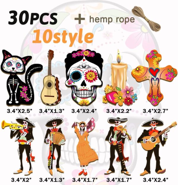 CMUSKO Dia De Los Muertos Decorations-30Pcs Day of the Dead Wood Ornaments Sugar Skull Hanging Wooden Sign,Halloween Tree Ornaments Mexican Fiesta Day of the Dead Decor - Image 6