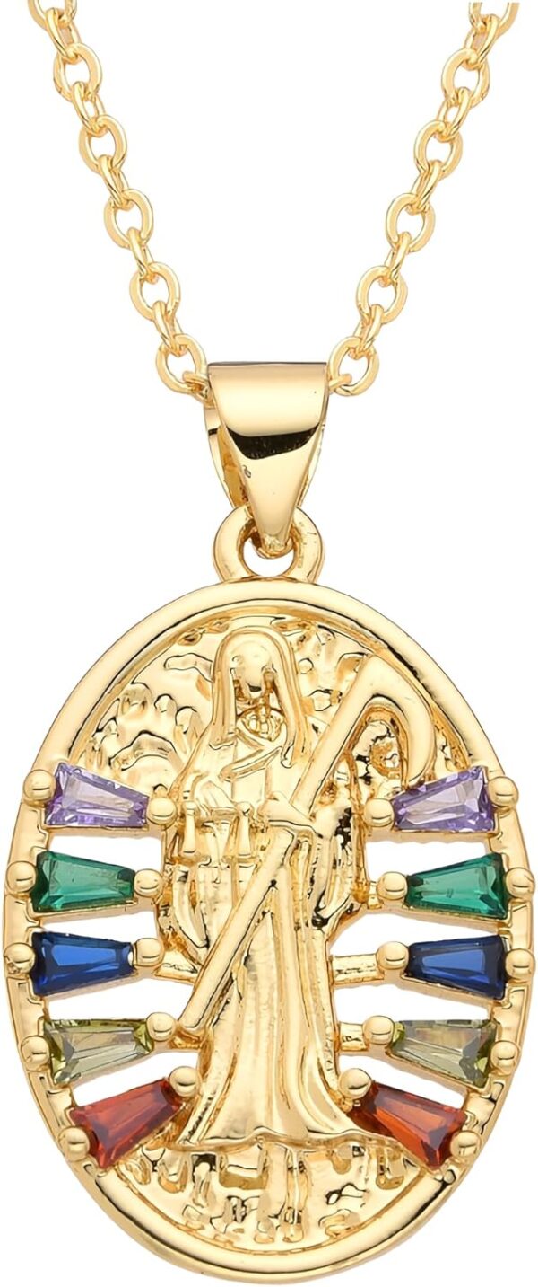 Mai & Claire 14K Gold Filled Santa Muerte Necklace For Men And Women - La Santa Muerte Pendant Chain Cubic Zirconia Holy Death Religious Catholic Jewelry Gift, Memento Mori Necklace