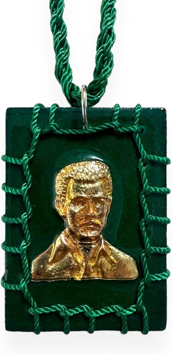 GCK Jesus Malverde Green Wood Scapular Necklace Reversible Gold Plated Charm Escapulario Verde Madera Collar