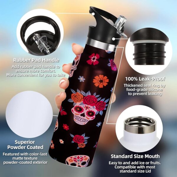 Sugar Skull Water Bottle with Straw Lid Insulated Stainless Steel Travel Mugs for Sport Gym Outdoor 20oz - Image 2