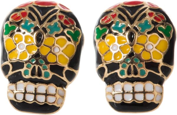 Artisan Owl - Black and Goldtone Sugar Skull Stud Earrings