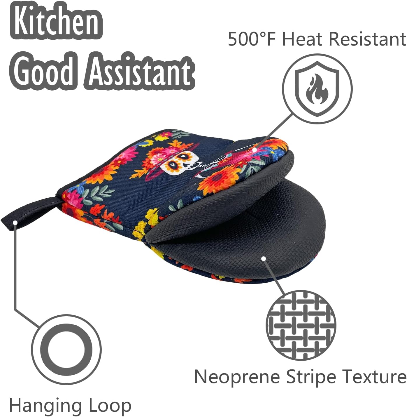 Dia De Los Muertos Mexican Day Skull Mini Silicone Oven Mitts, Heat Slip Resistant Kitchen Gloves 2-Pack Set, Soft Short Small Oven Mittens Pot Holders for Baking Grilling Barbecue Microwave Gift - Image 5