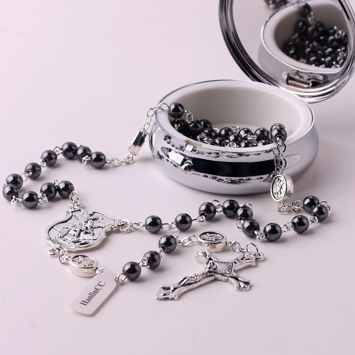 HanlinCC Saint Michael the Archangel Hematite Black Stone Beads Rosary Necklace with Metal Gift Box for Men - Image 4